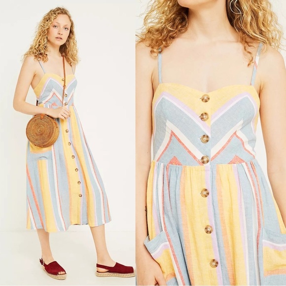 Urban Outfitters UO Emilia Chevron Stripe Button-Through Midi Dress Blue, Yellow - Picture 2 of 8